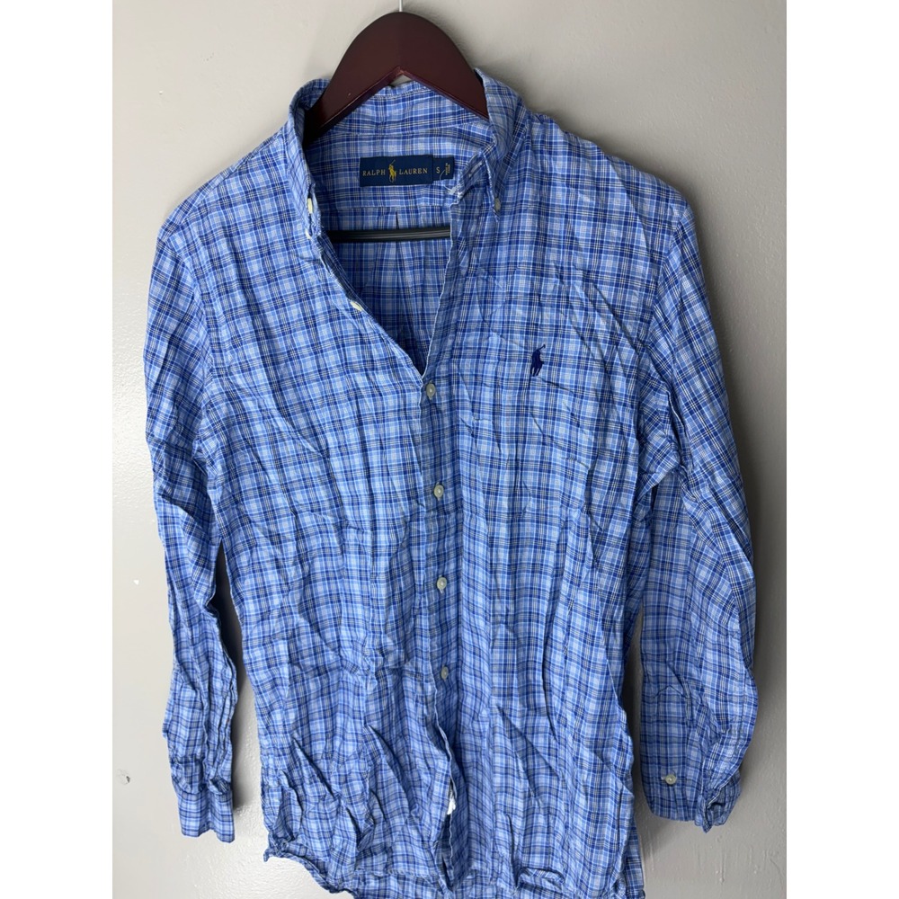 Ralph Lauren Mens Blue Plaid Cotton Button Down Shirt Small Long Sleeve Pony